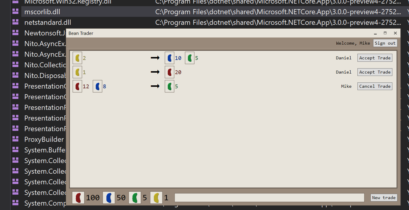 WPF BeanTrader Application running on .NET Core
