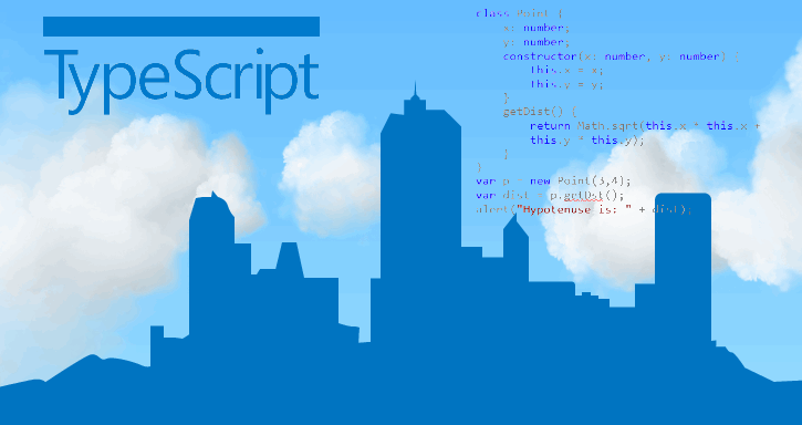 Typescript Schriftzug mit Hochhäusern und Quellcode