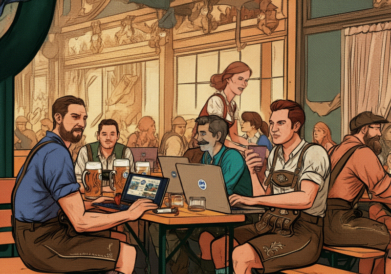 AI image: A group of people sitting in a Bavarian Biergarten with laptops on their tables, comic style
